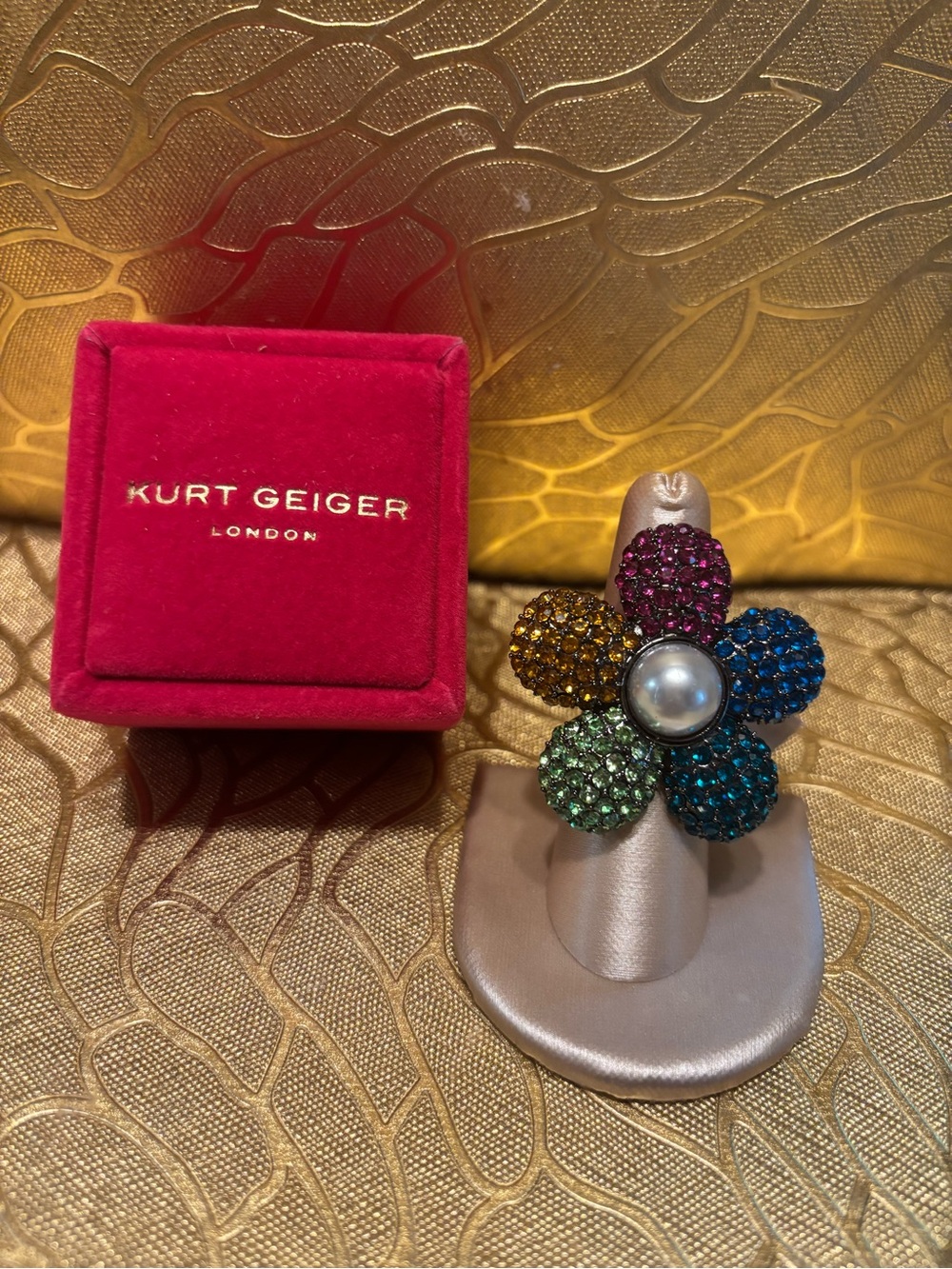 NWT NIB Kurt Geiger Multicolor Crystal Flower Ring Size7
